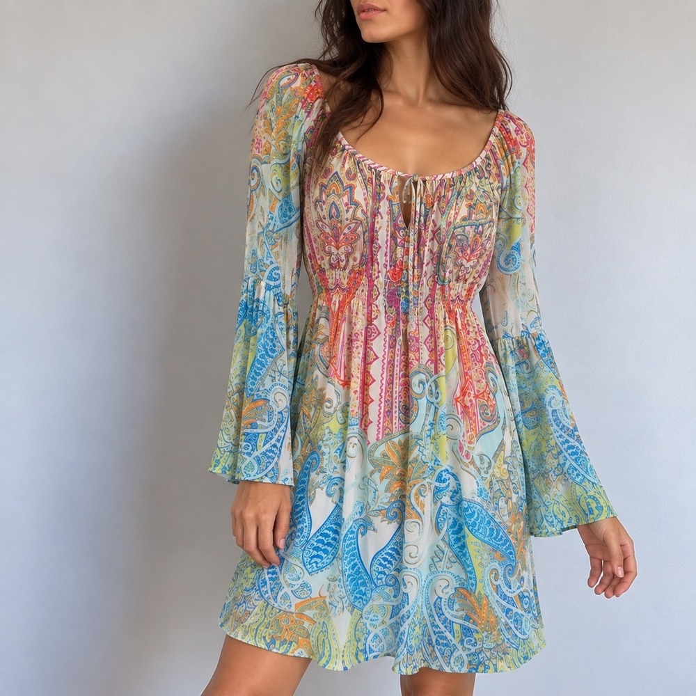 Boston Proper Multicolor Paisley Bell Sleeve Peasant Dress Size 8 Boho